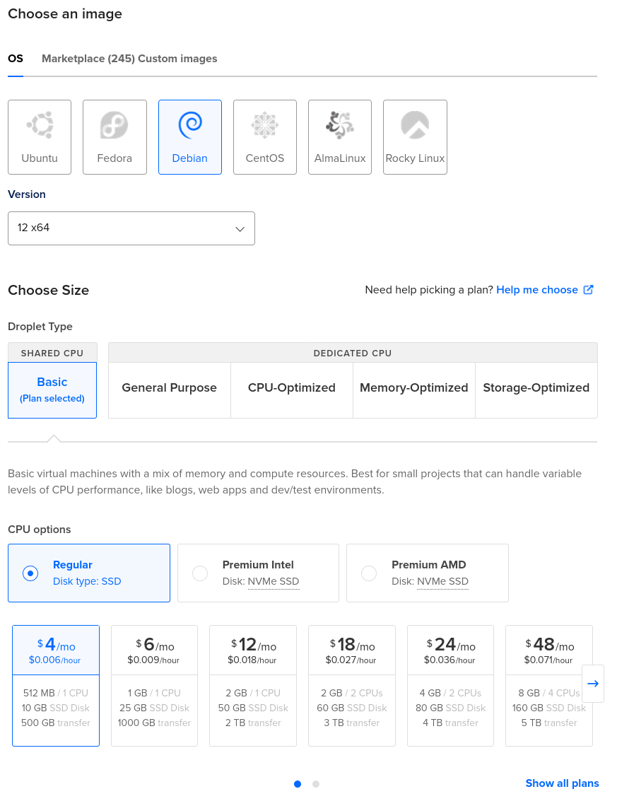 DigitalOcean Droplet Creation Form, Image & Size Selection